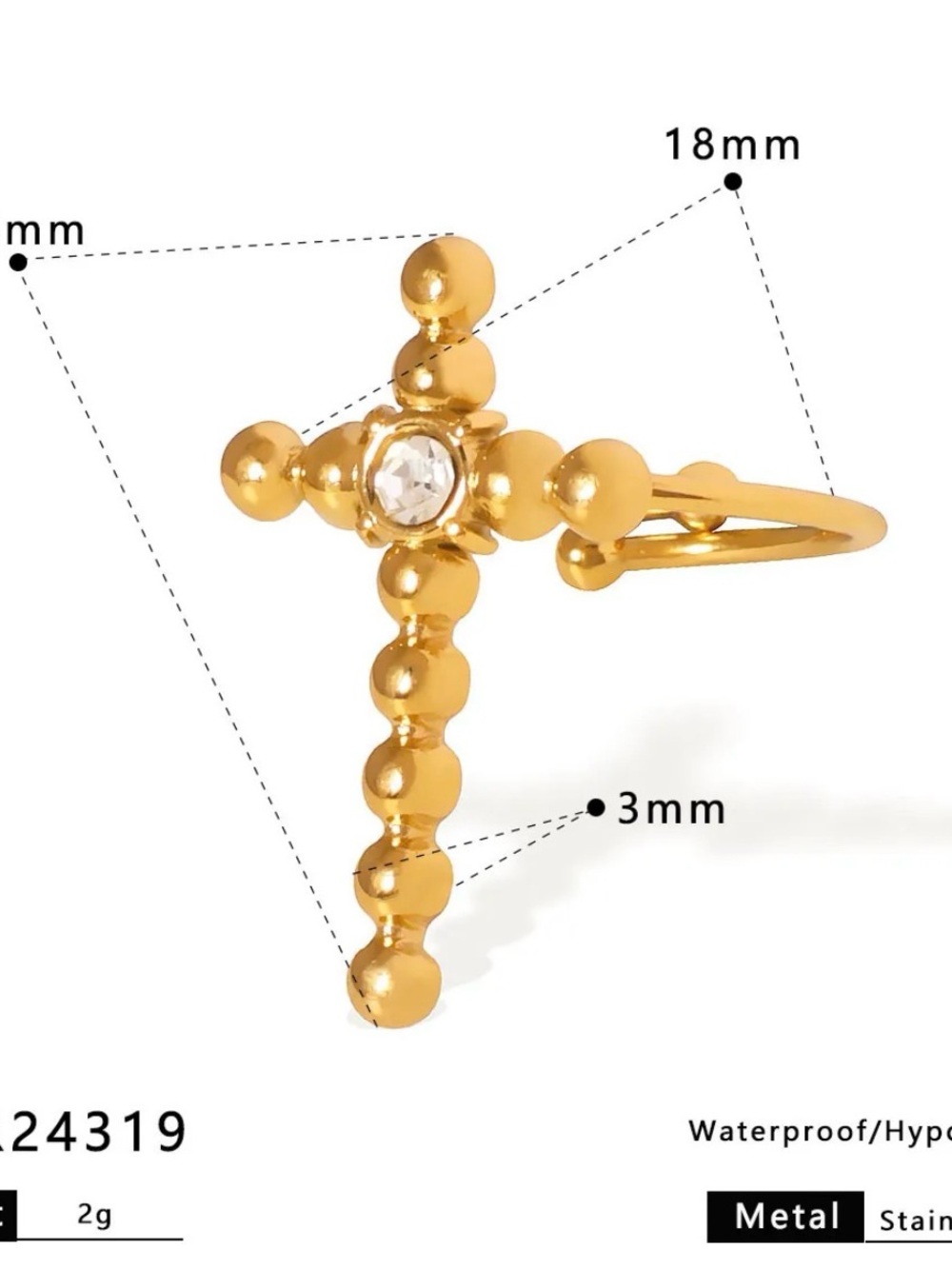 18k Gold plated Cross Beaded adjustable Ring with Clear Stone for Women